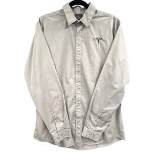 Tesla Shirt Men L Button Down Beige Business Career Long Sleeve Embroidered Logo